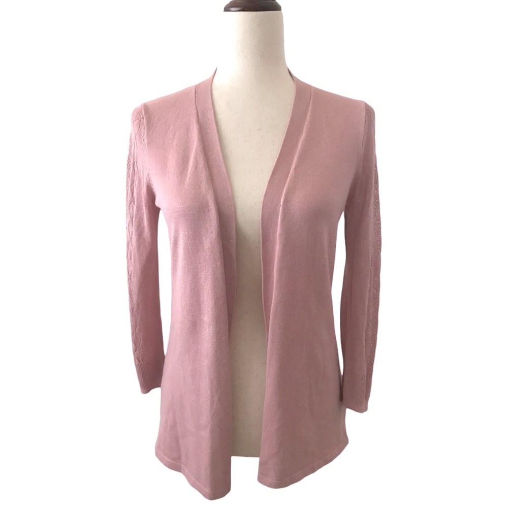 Roz & Ali Pointelle Sweater Dusty Pink Long Sleeve Open Front New with Tags